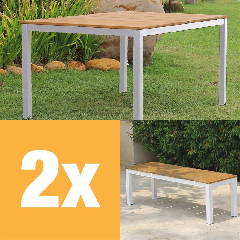 Fides Color Bank Set 150/2 Teak Grade A with aluminum frame consists of 1 table with 2 garden benches