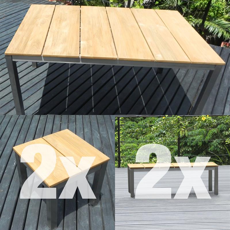 Ensemble de bancs Fides 150/2/2 composé d'une table à manger Fides 150 x 100 et de 2 bancs de jardin Fides sans dossier 130 x 45 avec 2 tabourets/tables d'appoint Fides 45 x 45 en teck avec structure en acier inoxydable