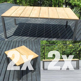 Ensemble de bancs Fides 200/2/2 en teck grade A avec structure en acier inoxydable composé d'une table à manger Fides 200 x 100 et de 2 bancs de jardin Fides sans dossier 180 x 45 avec 2 tabourets/tables d'appoint Fides 45 x 45