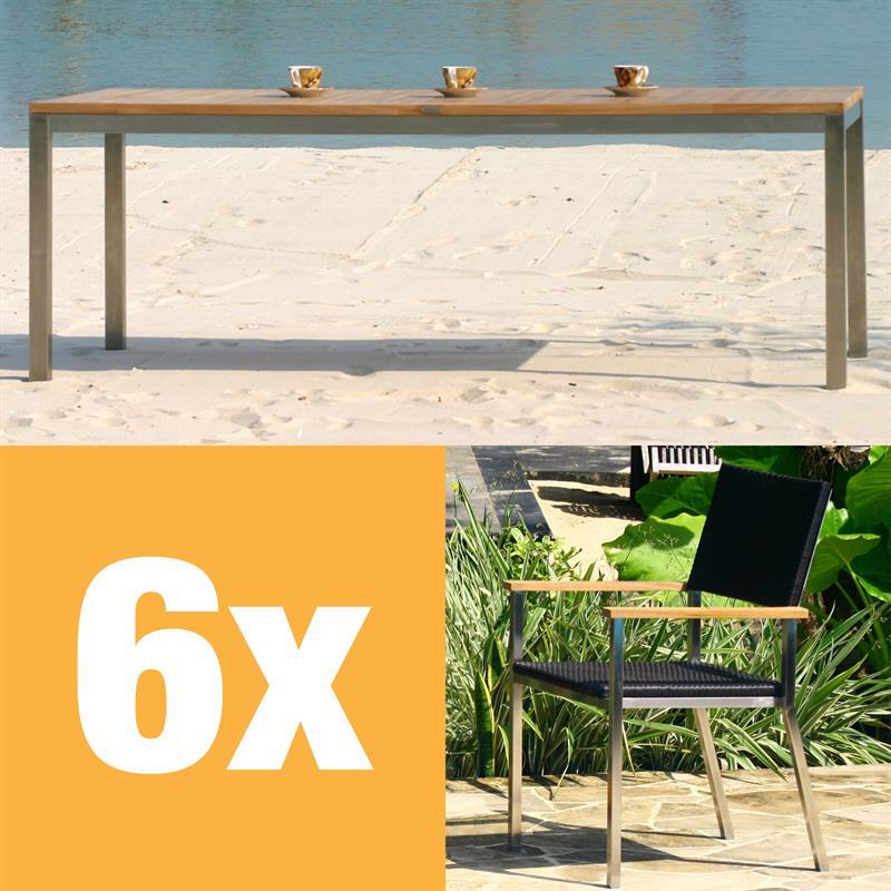 Florence Set 210 consisting of Florence dining table 210 x 90 teak with stainless steel and Florence stacking chair wicker with stainless steel and teak