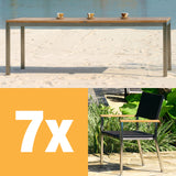 Florence Set 210 consisting of Florence dining table 210 x 90 teak with stainless steel and Florence stacking chair wicker with stainless steel and teak