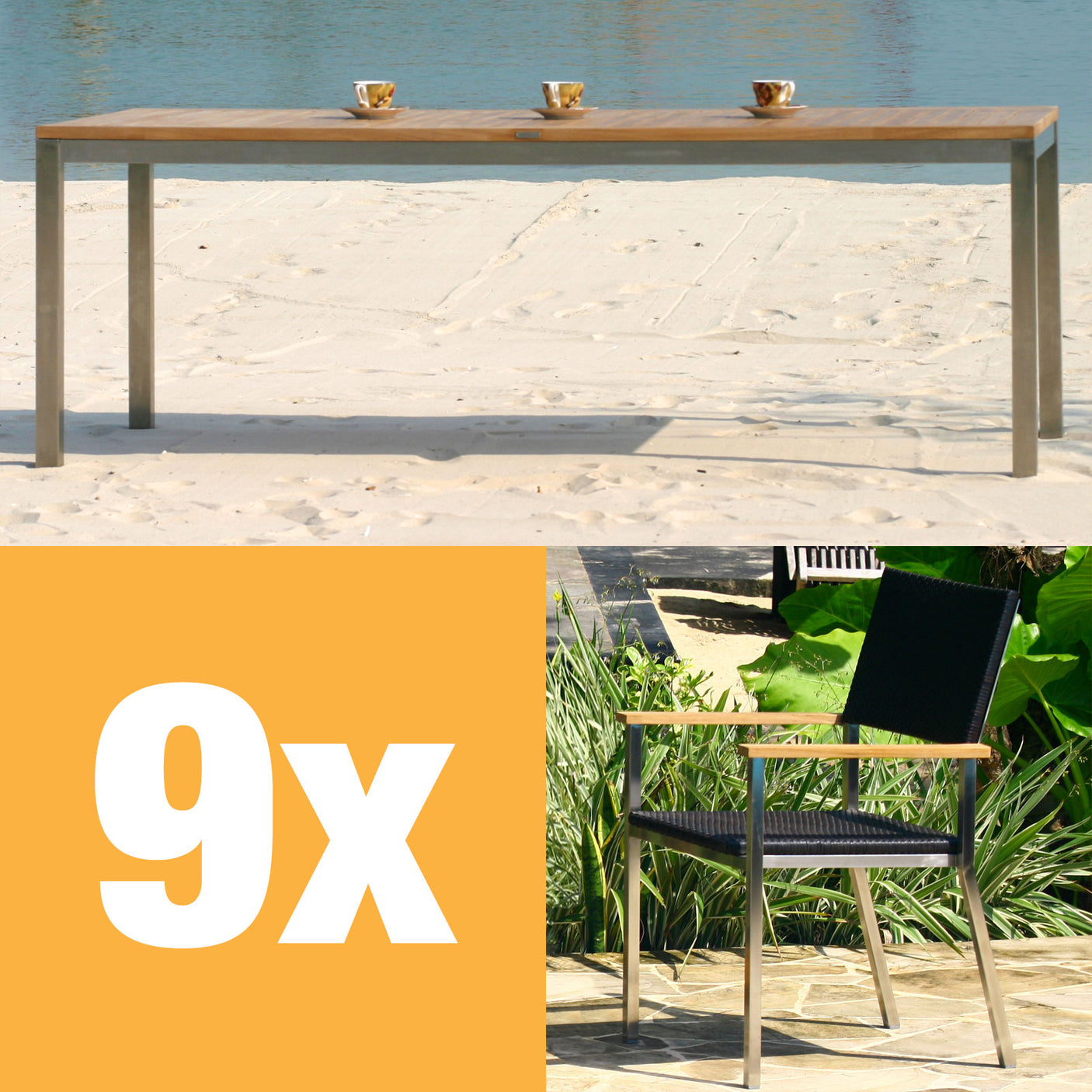 Florence Set 210 consisting of Florence dining table 210 x 90 teak with stainless steel and Florence stacking chair wicker with stainless steel and teak