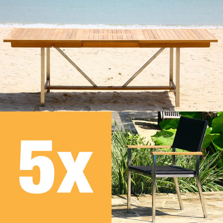 Florence extendable table set 220 consisting of Moselle extendable table 220/160x100 teak with stainless steel frame and Florence stacking chairs wicker with stainless steel and teak