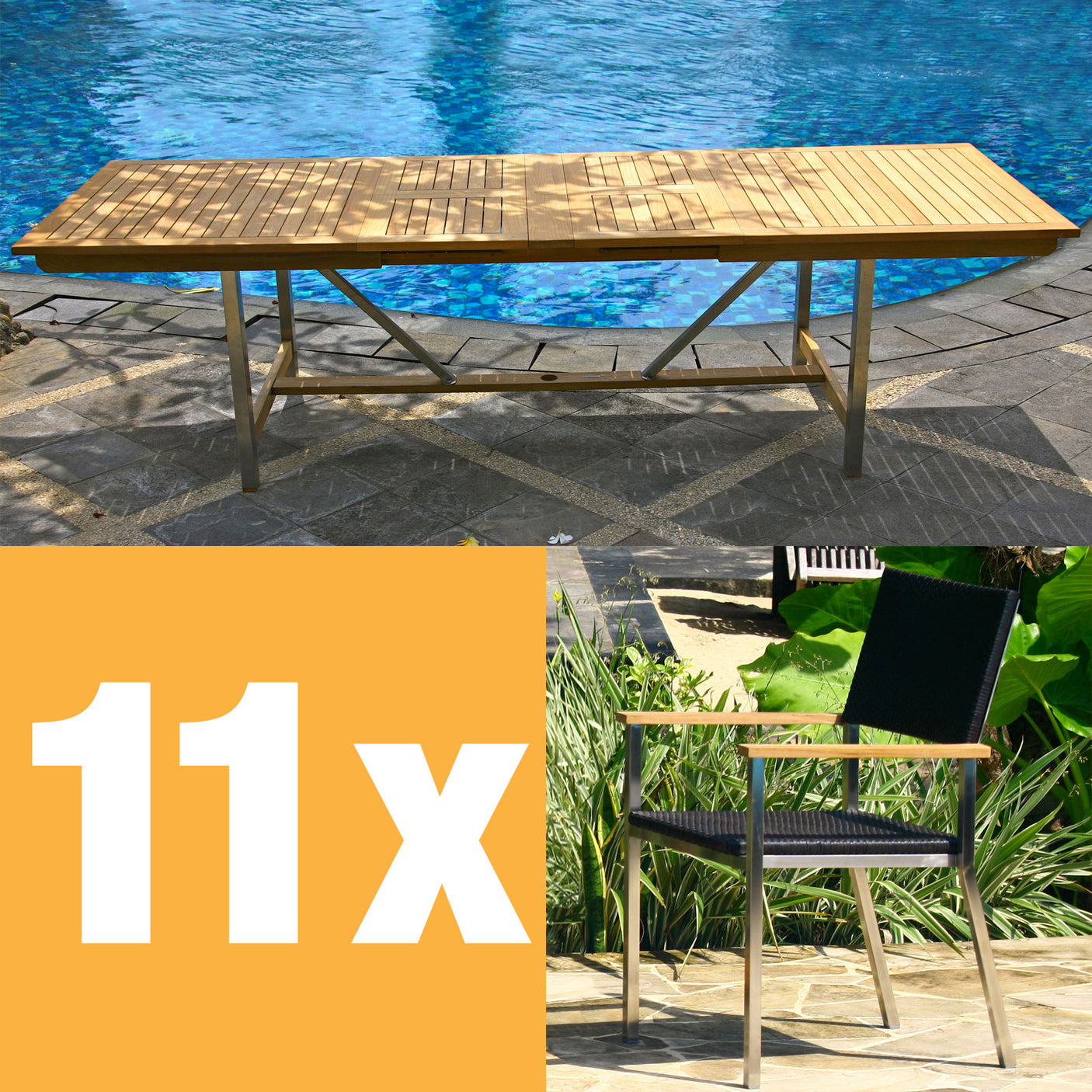 Florence extendable table set 280 consisting of Moselle double extendable table 280/235/190x100 teak with stainless steel frame and Florence stacking chairs wicker with stainless steel and teak