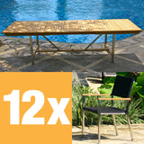 Florence extendable table set 280 consisting of Moselle double extendable table 280/235/190x100 teak with stainless steel frame and Florence stacking chairs wicker with stainless steel and teak