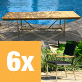 Florence extendable table set 280 consisting of Moselle double extendable table 280/235/190x100 teak with stainless steel frame and Florence stacking chairs wicker with stainless steel and teak