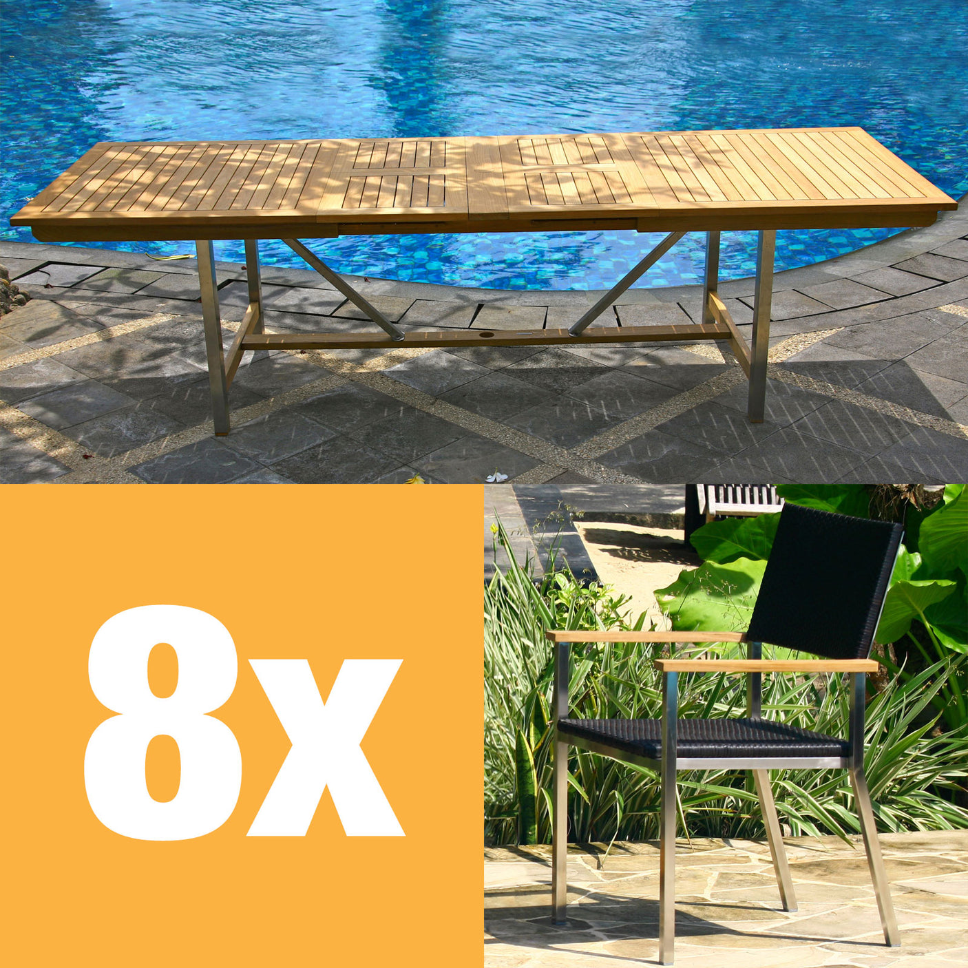 Florence extendable table set 280 consisting of Moselle double extendable table 280/235/190x100 teak with stainless steel frame and Florence stacking chairs wicker with stainless steel and teak