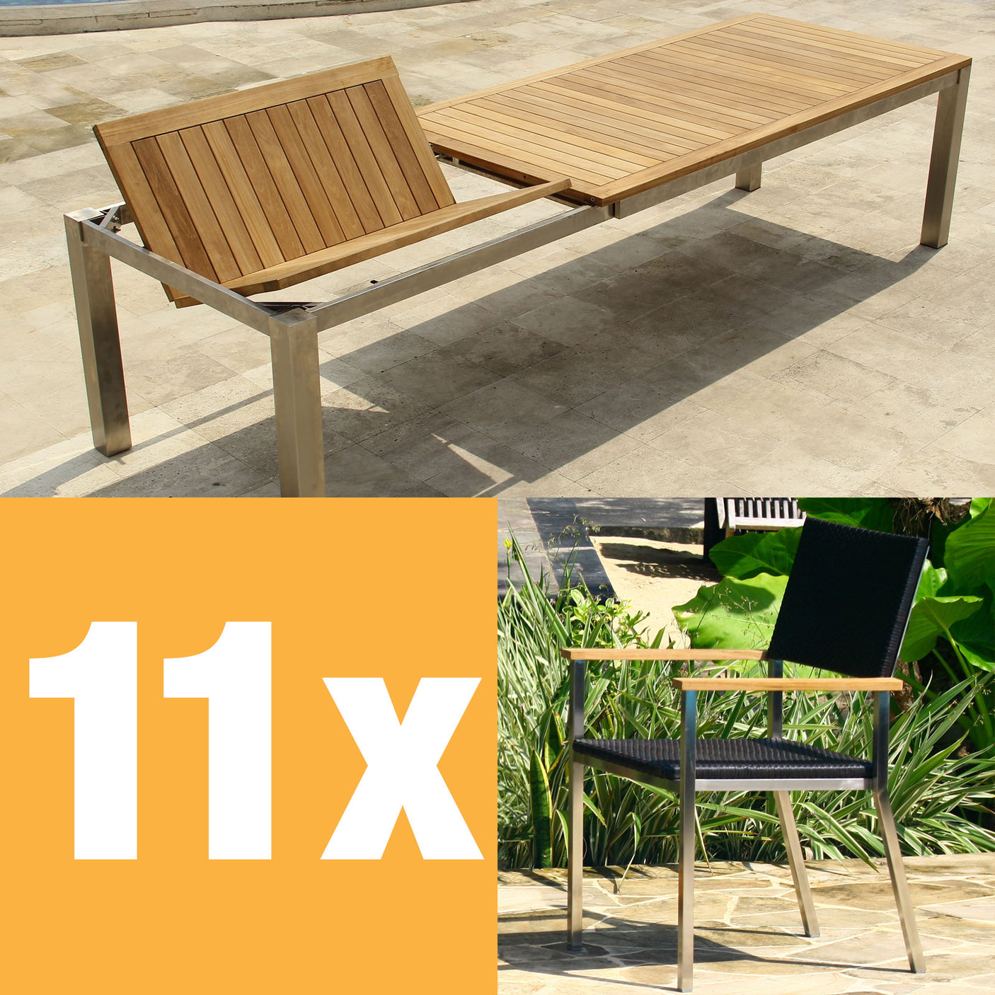 Florence front extension table set 310 consisting of Florence front extension table 310/210 x 100 with stainless steel frame and Florence stacking chairs wicker with stainless steel and teak