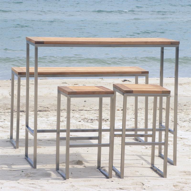 Florence Bar Set 2-1 bestehend aus Florence Bar Tisch mit 2 Florence Bar Hockern und 1 Florence Bar Bank aus Teak und Edelstahl