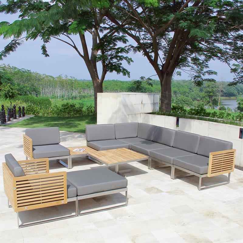 Tessin Lounge Set consisting of: 1 x side module right, 1 x corner module, 1 x middle module, 1 x side module left, 1 x Tessin single seater all with upholstery and 1x ottoman without upholstery in Sunproof