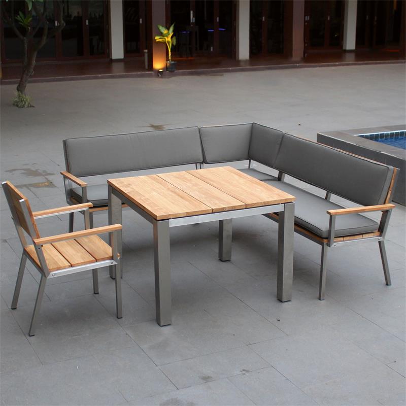 Makan garden bench corner bench module brushed teak with stainless steel frame 63x63x90 cm