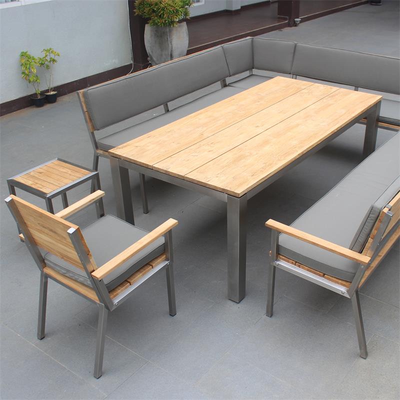 Banc de jardin Makan avec dossier 230 teck brossé avec structure en acier inoxydable 230x63x90 cm