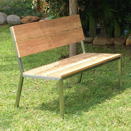 Makan Gartenbank mit Rückenlehne 122 Teak gebürstet mit Edelstahlgestell 122x63x90 cm