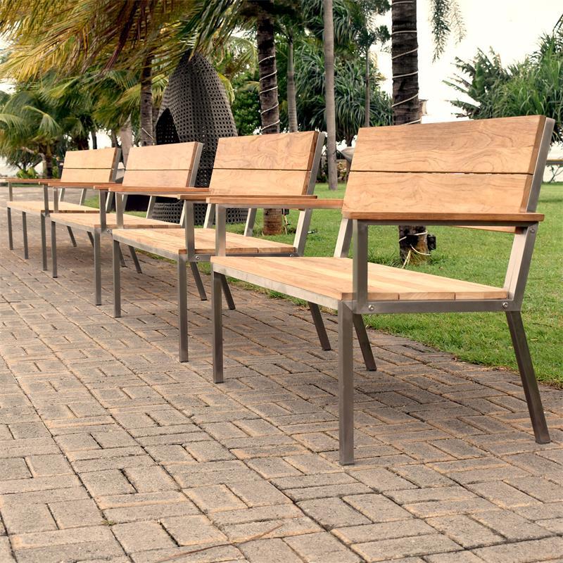 Makan garden bench with back and armrest 152 brushed teak with stainless steel frame 152x63x90 cm