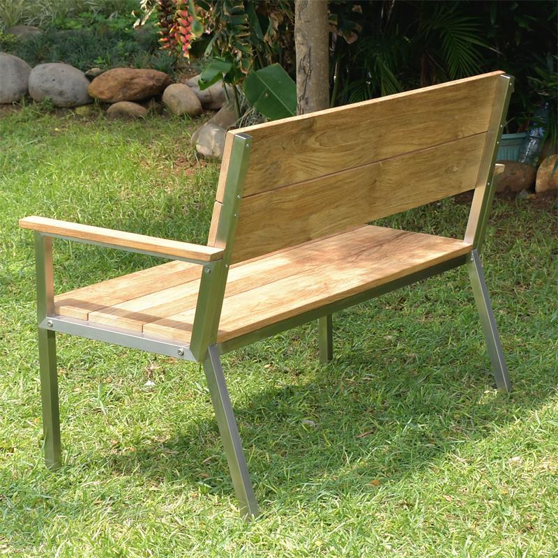 Banc de jardin Makan avec dossier et accoudoir 132 teck brossé avec structure en acier inoxydable 132x63x90 cm