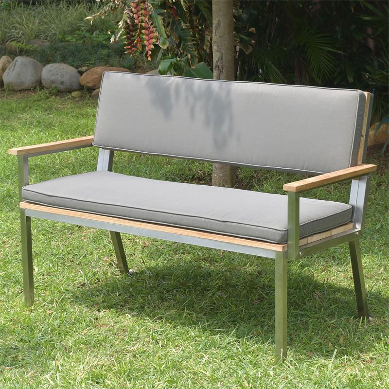 Banc de jardin Makan avec dossier et accoudoir 132 teck brossé avec structure en acier inoxydable 132x63x90 cm