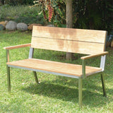 Banc de jardin Makan avec dossier et accoudoir 132 teck brossé avec structure en acier inoxydable 132x63x90 cm