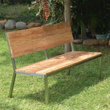 Makan Gartenbank mit Rückenlehne 142 Teak gebürstet mit Edelstahlgestell 142x63x90 cm