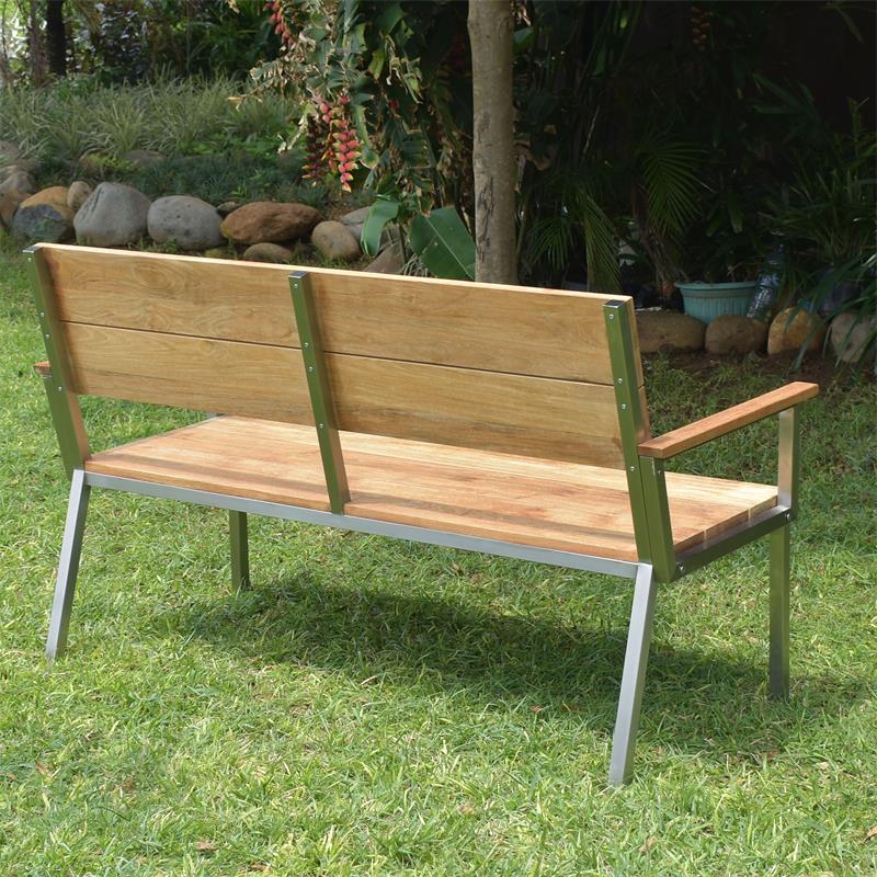 Makan garden bench with back and armrest 152 brushed teak with stainless steel frame 152x63x90 cm