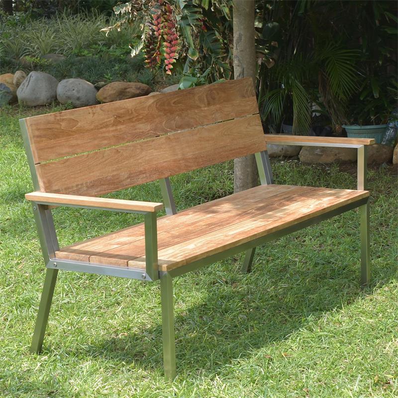 Makan garden bench with back and armrest 152 brushed teak with stainless steel frame 152x63x90 cm