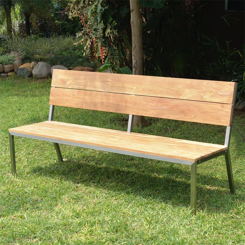 Makan Gartenbank mit Rückenlehne 182 Teak gebürstet mit Edelstahlgestell 182x63x90 cm