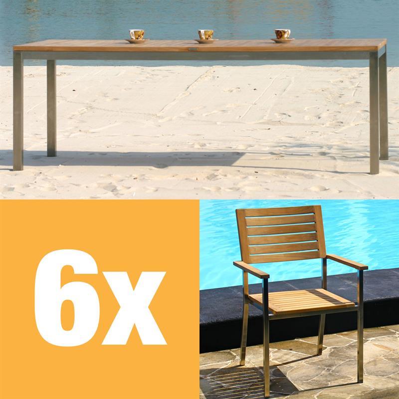 Moselle Set 210 consisting of Florence dining table 210 x 90 teak with stainless steel frame and Moselle stacking chairs teak with stainless steel