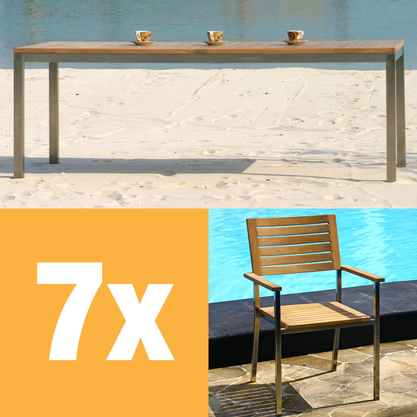 Moselle Set 210 consisting of Florence dining table 210 x 90 teak with stainless steel frame and Moselle stacking chairs teak with stainless steel