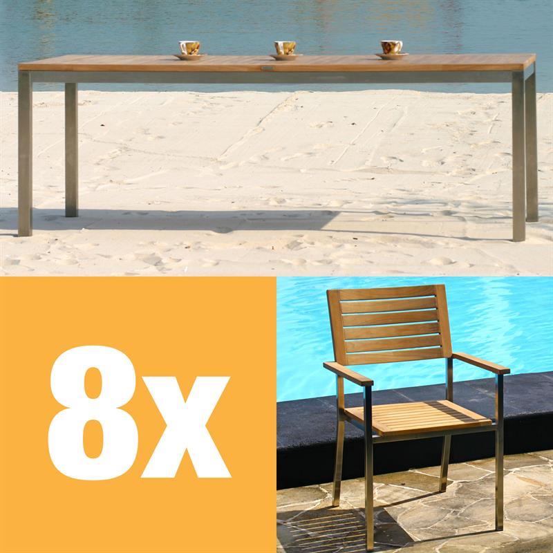 Moselle Set 210 consisting of Florence dining table 210 x 90 teak with stainless steel frame and Moselle stacking chairs teak with stainless steel