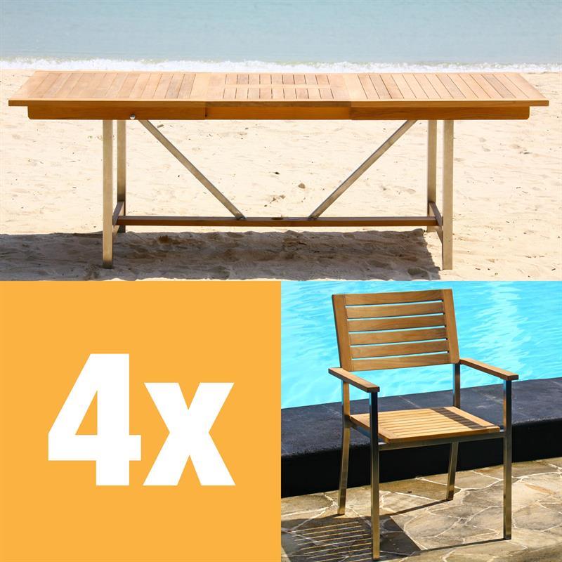 Moselle extendable table set 220 consisting of Moselle extendable table 220/160 x 100 and Moselle stacking chairs made of teak with stainless steel