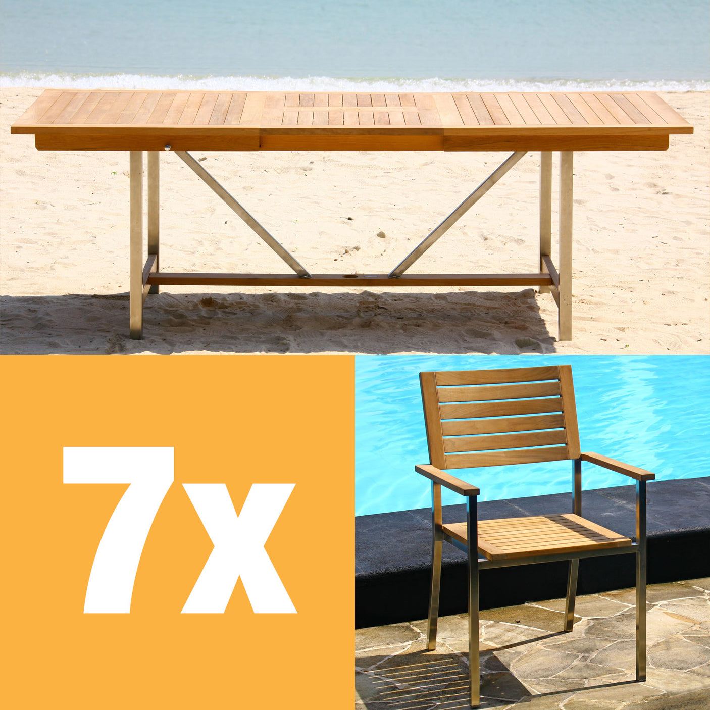 Moselle extendable table set 220 consisting of Moselle extendable table 220/160 x 100 and Moselle stacking chairs made of teak with stainless steel