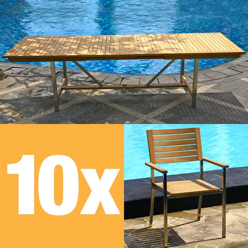 Moselle extendable table set 280 consisting of Moselle extendable table 280/235/190 x 100 and Moselle stacking chairs made of teak with stainless steel