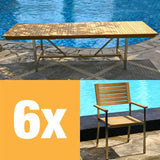 Moselle extendable table set 280 consisting of Moselle extendable table 280/235/190 x 100 and Moselle stacking chairs made of teak with stainless steel