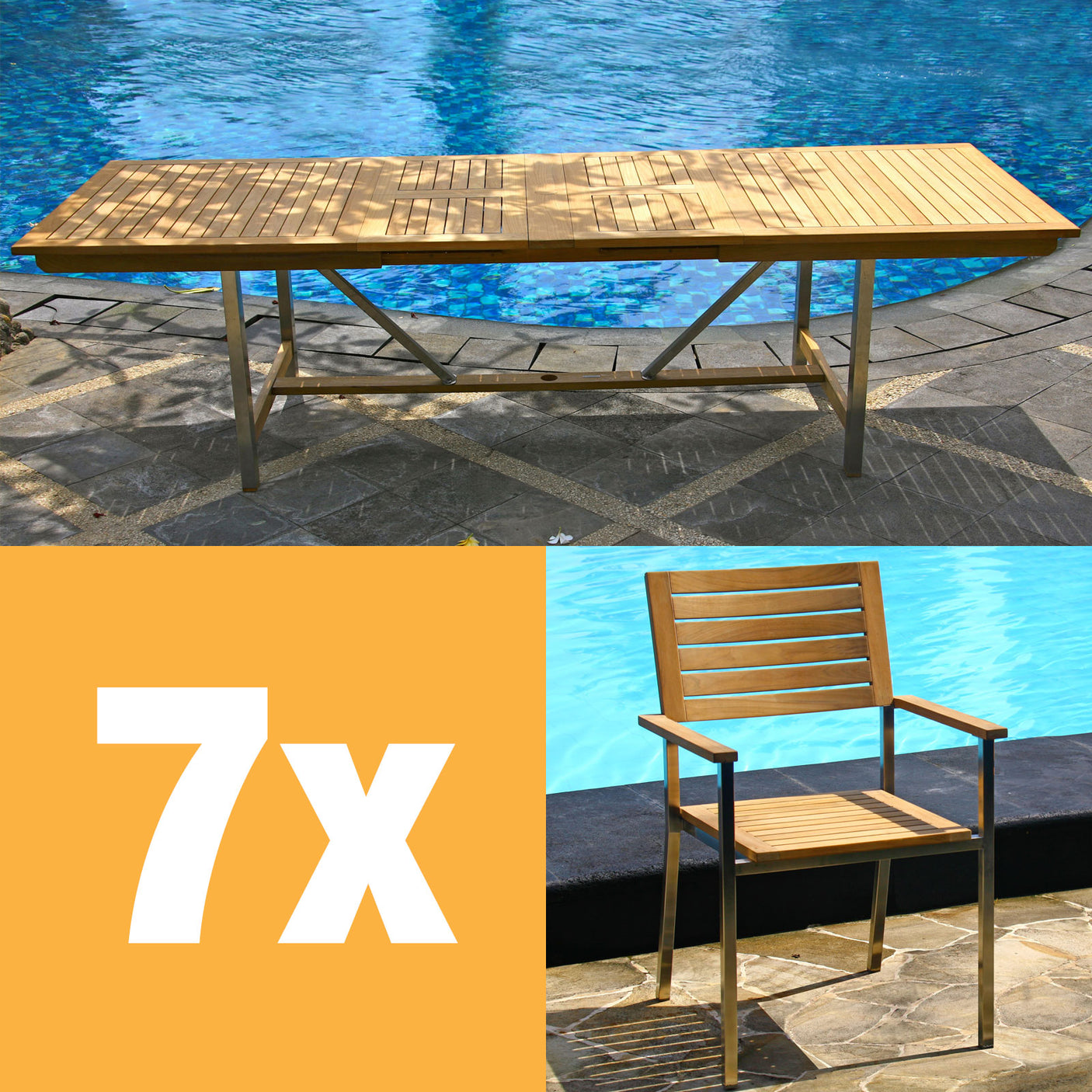 Ensemble de table extensible Moselle 280 composé d'une table extensible Moselle 280/235/190 x 100 et de chaises empilables Moselle en teck avec acier inoxydable