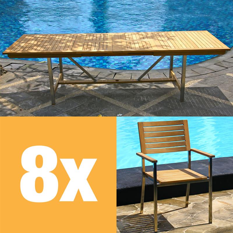 Moselle extendable table set 280 consisting of Moselle extendable table 280/235/190 x 100 and Moselle stacking chairs made of teak with stainless steel