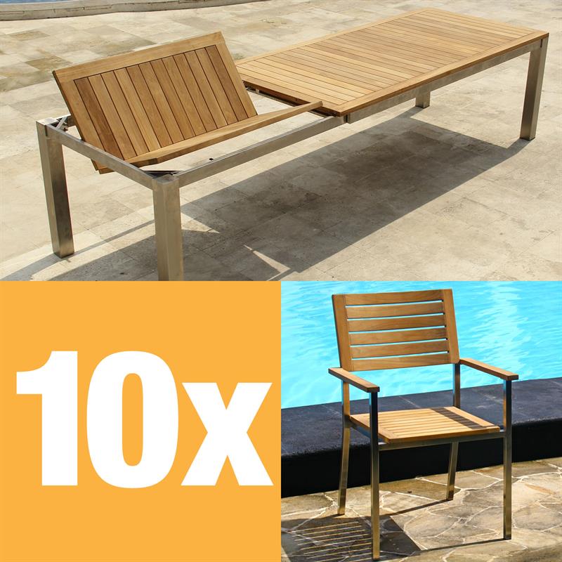 Moselle front extension table set 310 consisting of Florence front extension table 310/210 x 100 teak with stainless steel frame and Moselle stacking chairs teak with stainless steel