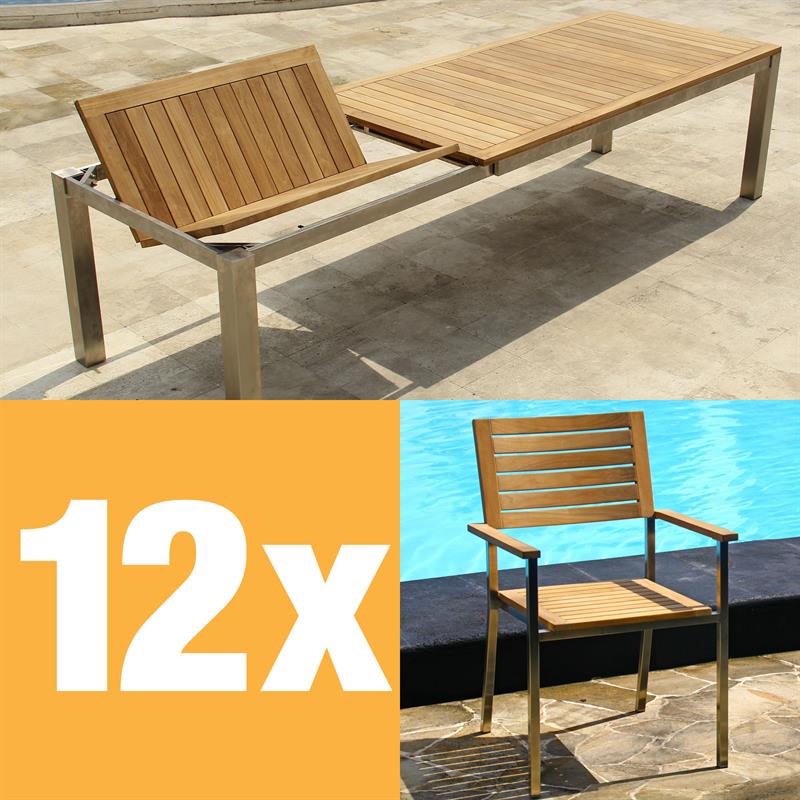 Moselle front extension table set 310 consisting of Florence front extension table 310/210 x 100 teak with stainless steel frame and Moselle stacking chairs teak with stainless steel