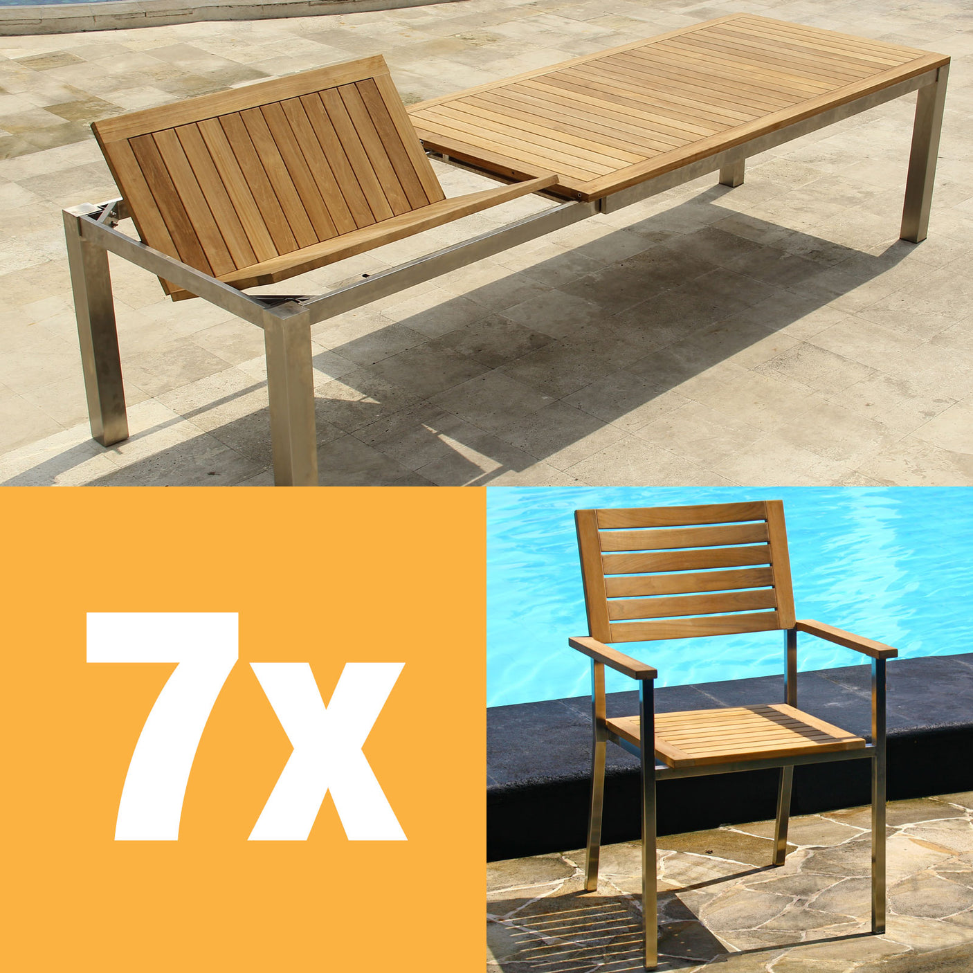 Moselle front extension table set 310 consisting of Florence front extension table 310/210 x 100 teak with stainless steel frame and Moselle stacking chairs teak with stainless steel