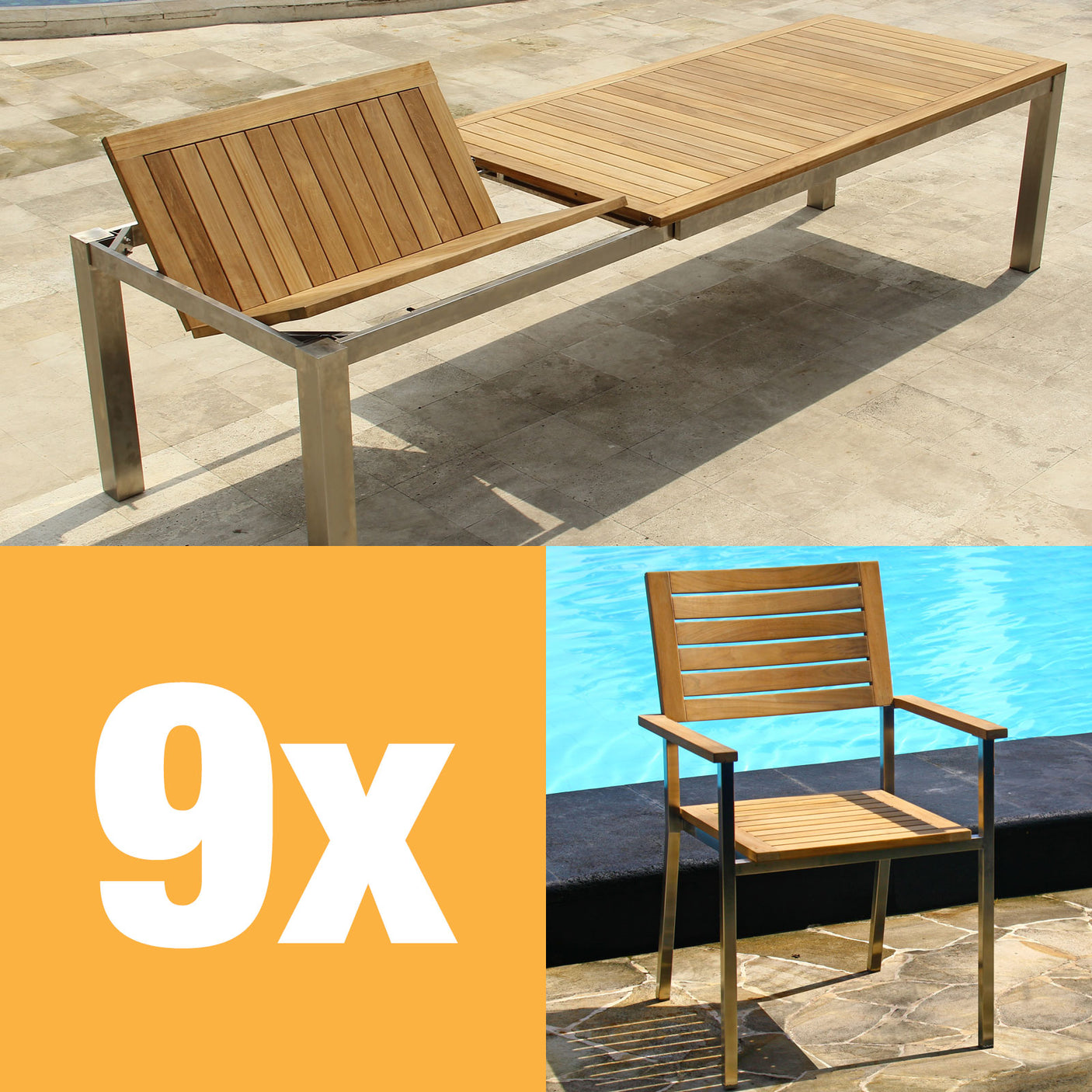 Moselle front extension table set 310 consisting of Florence front extension table 310/210 x 100 teak with stainless steel frame and Moselle stacking chairs teak with stainless steel