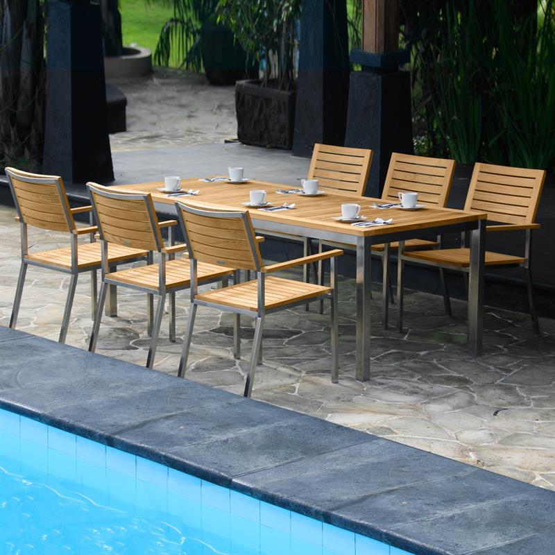 Moselle Set 210 consisting of Florence dining table 210 x 90 teak with stainless steel frame and Moselle stacking chairs teak with stainless steel