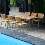 Moselle Set 210 consisting of Florence dining table 210 x 90 teak with stainless steel frame and Moselle stacking chairs teak with stainless steel