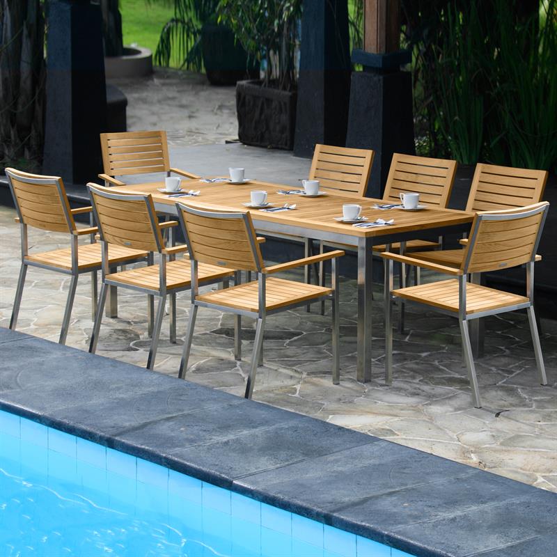 Moselle Set 210 consisting of Florence dining table 210 x 90 teak with stainless steel frame and Moselle stacking chairs teak with stainless steel