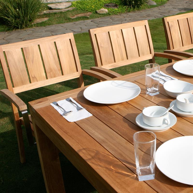 Nivelle Ausziehtisch-Set 280 bestehend aus Moselle Doppelausziehtisch 280/235/190x100 Teak mit Edelstahlgestell und Nivelle Stapelstühlen mit Armlehne Teak mit Edelstahl