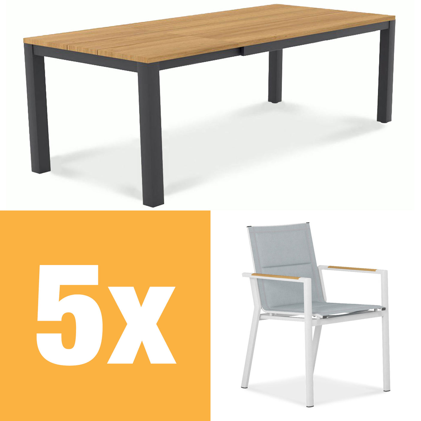 Planka Alu-Frontausziehtisch Set 250 bestehend aus Planka Alu-Frontausziehtisch 250/180 x 90 Teak Grade A gebürstet mit Aluminiumgestell und Gazelig Stapelstühlen aus Aluminium und Batyline