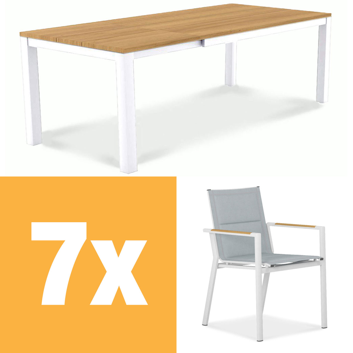 Planka Alu-Frontausziehtisch Set 250 bestehend aus Planka Alu-Frontausziehtisch 250/180 x 90 Teak Grade A gebürstet mit Aluminiumgestell und Gazelig Stapelstühlen aus Aluminium und Batyline