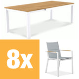 Planka Alu-Frontausziehtisch Set 250 bestehend aus Planka Alu-Frontausziehtisch 250/180 x 90 Teak Grade A gebürstet mit Aluminiumgestell und Gazelig Stapelstühlen aus Aluminium und Batyline