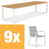 Planka Alu-Frontausziehtisch 310 Set bestehend aus Planka Alu-Frontausziehtisch 310/210 x 100 Teak Grade A gebürstet mit Aluminiumgestell und Gazelig Stapelstühlen aus Aluminium und Batyline