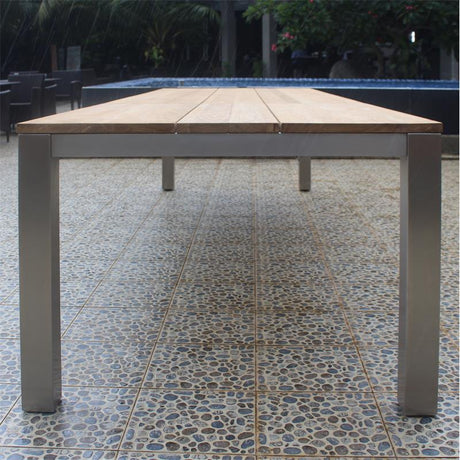 Planka Esstisch 210 x 100 x 76 cm Teak Grade A gebürstet mit Edelstahlgestell