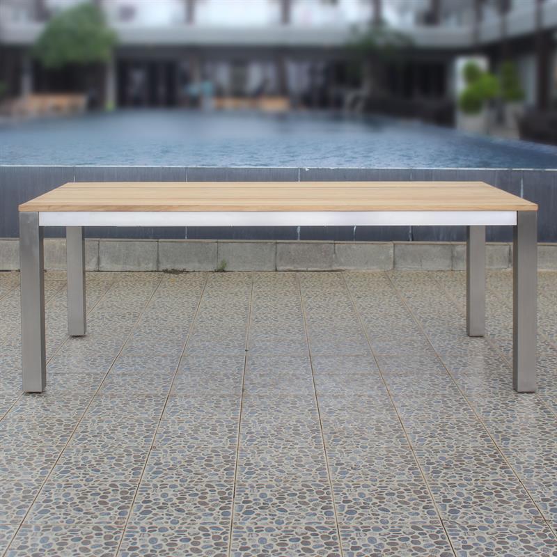 Planka Esstisch 210 x 100 x 76 cm Teak Grade A gebürstet mit Edelstahlgestell