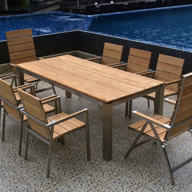 Planka Esstisch 210 x 100 x 76 cm Teak Grade A gebürstet mit Edelstahlgestell