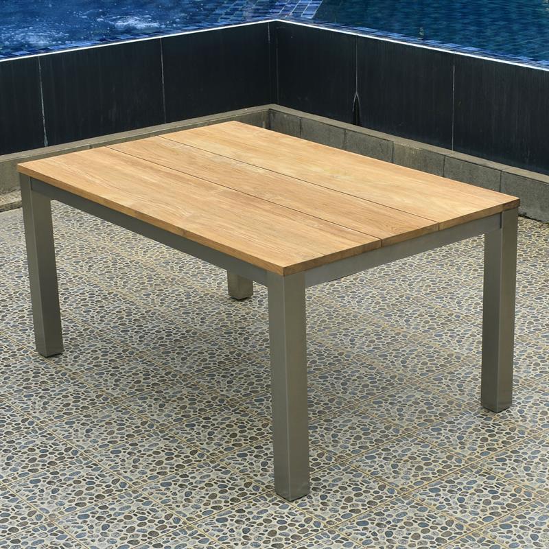 Table à manger Planka 160 x 100 x 76 cm en teck brossé Grade A avec structure en acier inoxydable